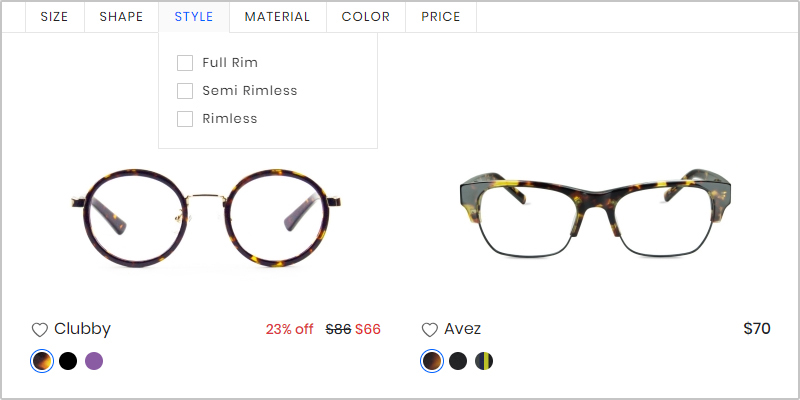 Filter to shortlist glasses frames